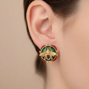 Gold Bee Earrings with Red and Green Details
